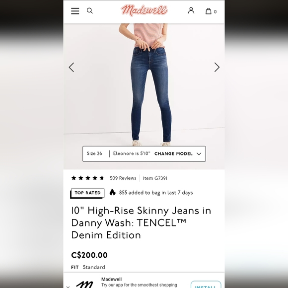 Madewell 10" High-Rise Skinny Jeans in Danny Wash TENCEL (Sz Petite 27) - Picture 2 of 10